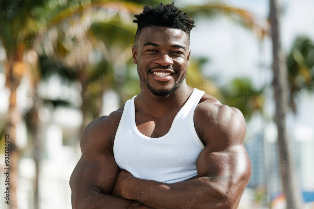 Black man with arms crossed during city running, workout, or outdoor training. Confident, sporty African American man smiling in an urban town. Black man with arms crossed during city running, workout, or outdoor training. Confident, sporty African American man smiling in an urban town.