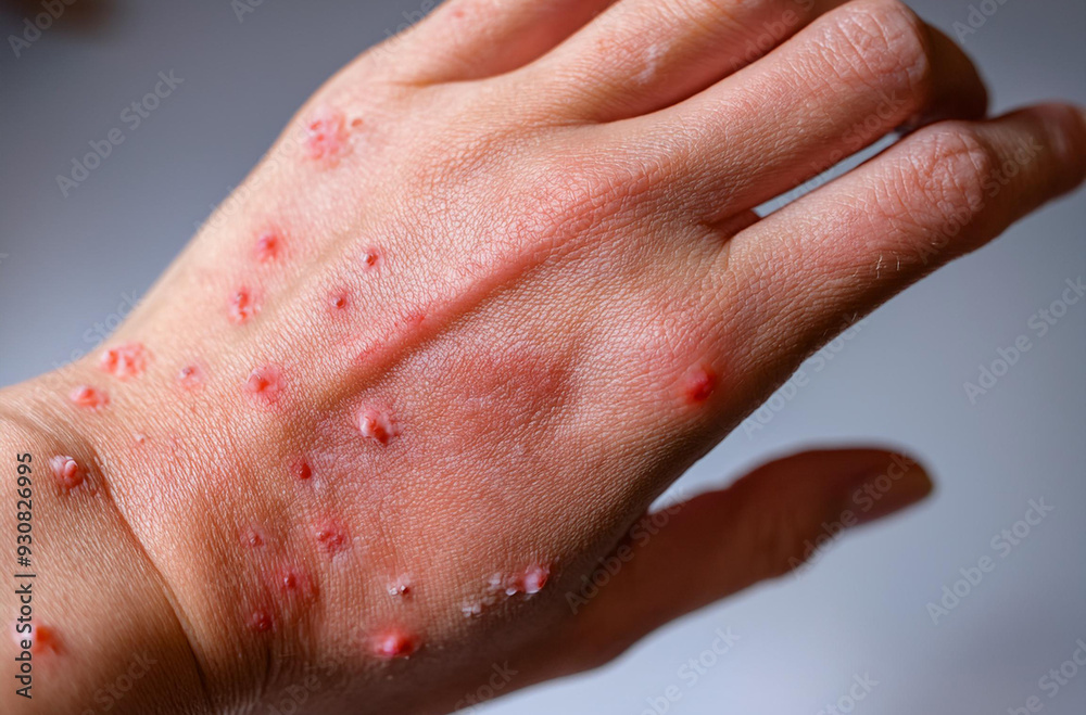 Fototapeta premium Monkeypox Virus on the skin, Microscopic View of the Monkeypox Virus. Close-Up Image of the Monkeypox Virus Structure, Skin Manifestation of Monkeypox, Dermatological viruses 