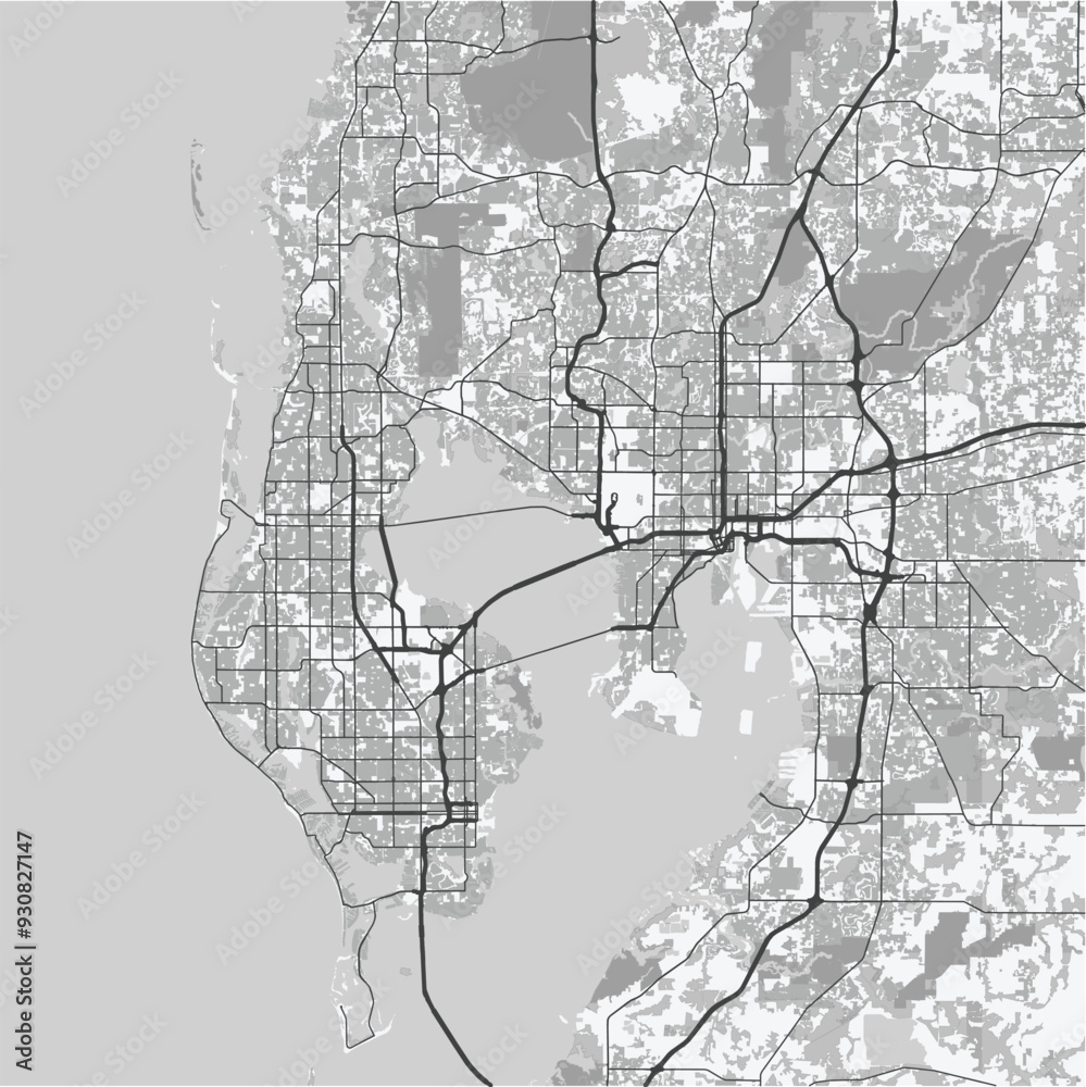 Fototapeta premium Map of Tampa in Florida in grayscale. Contains layered vector with roads water, parks, etc.