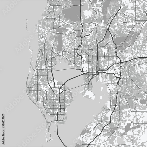 Map of Tampa in Florida in grayscale. Contains layered vector with roads water, parks, etc.