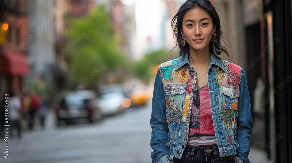 Fototapeta premium Fashionable Individual in Patchwork Denim Jacket with Embellishments Standing in Trendy City Setting