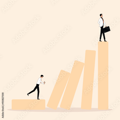 Career Ladder. A businessman promoting a position with another man at the top of it