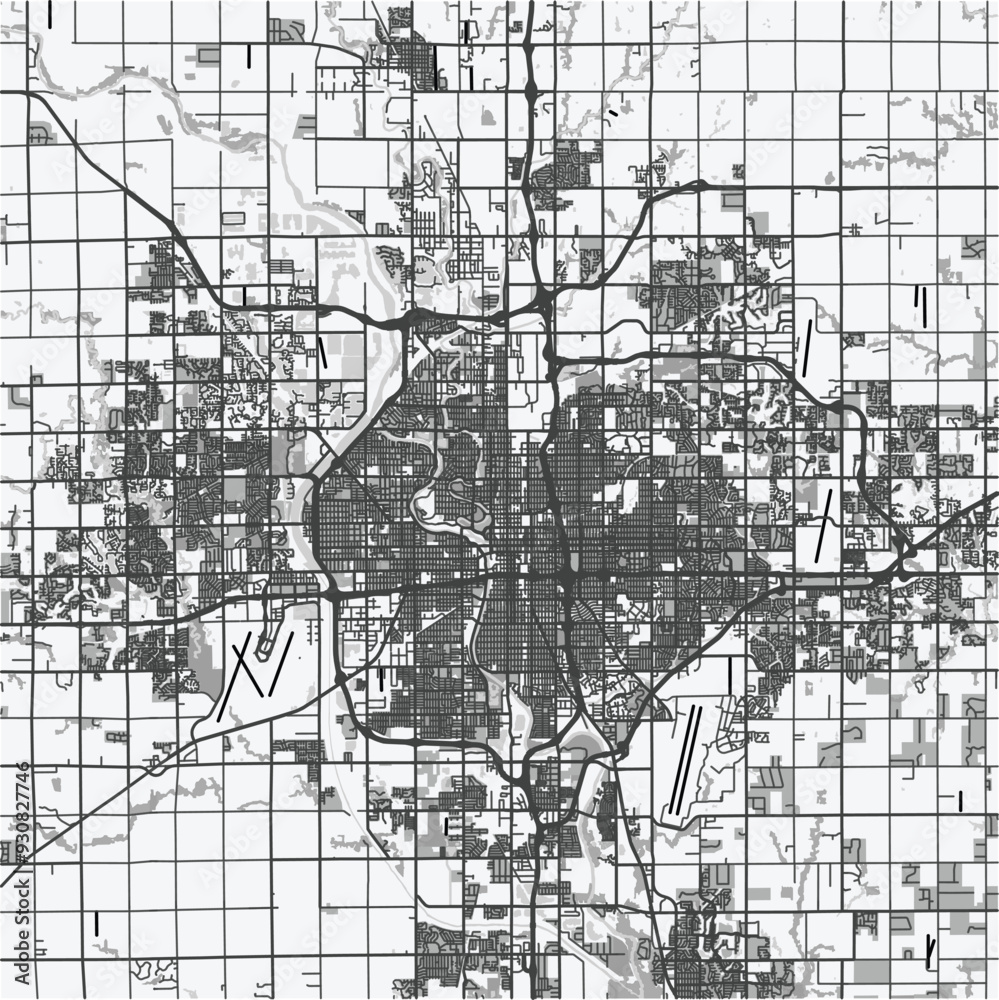 Naklejka premium Map of Wichita in Kansas in grayscale. Contains layered vector with roads water, parks, etc.