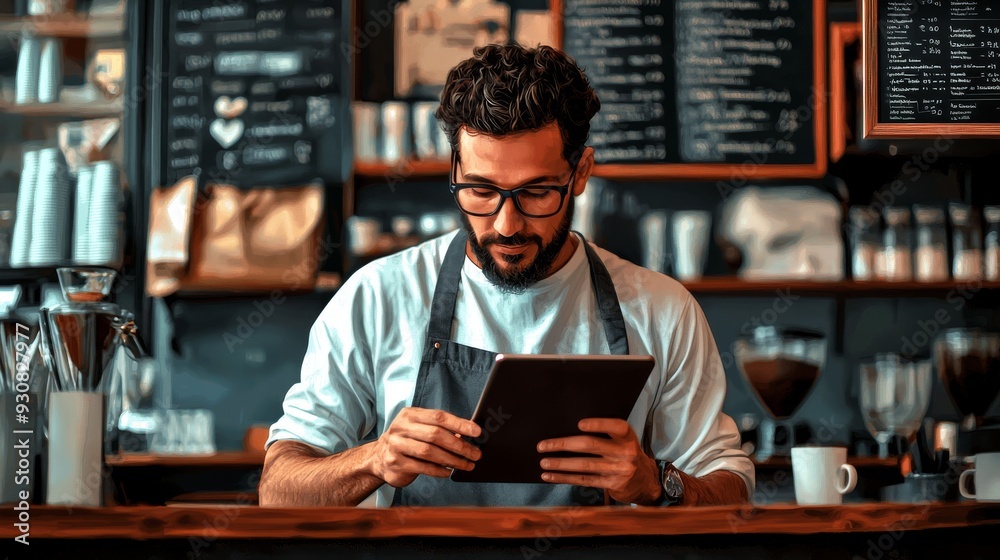 Man Using Tablet for Menu Management and Inventory at Vibrant Coffee Shop Man Using Tablet for Menu Management and Inventory at Vibrant Coffee Shop