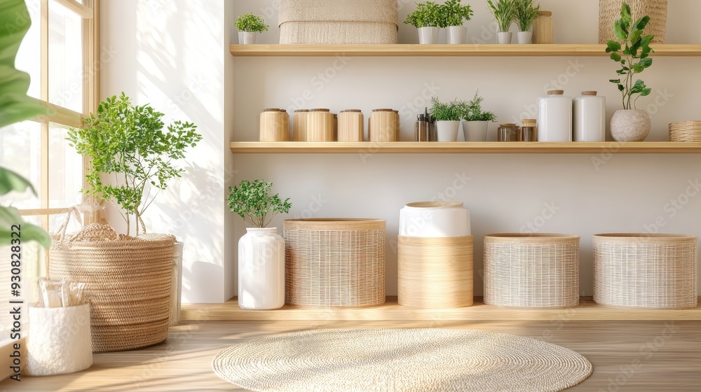 Eco-Friendly Oasis: Minimalist Sustainable Living Interior with Bamboo Furniture, Reusable Containers, and Lush Plants Eco-Friendly Oasis: Minimalist Sustainable Living Interior with Bamboo Furniture, Reusable Containers, and Lush Plants