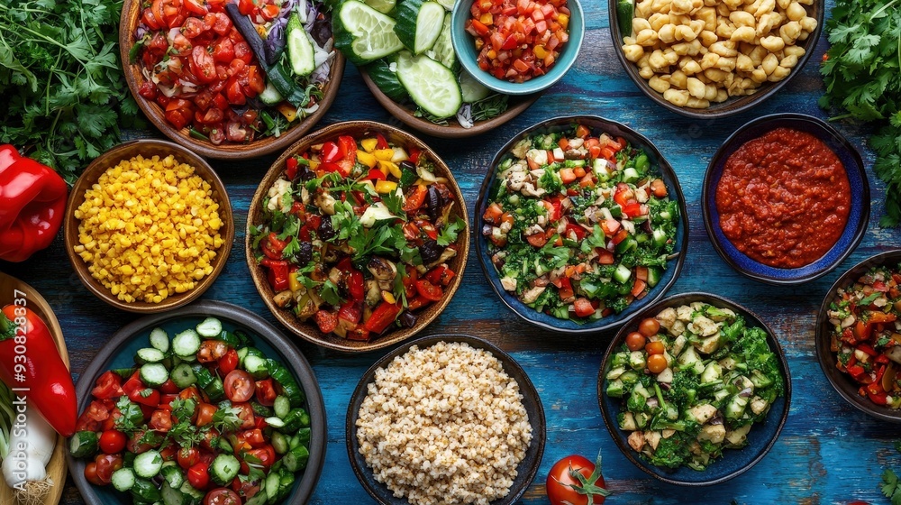 Vibrant Plant-Based Feast: Fresh Vegetable and Alternative Protein Spread on Modern Dining Table Vibrant Plant-Based Feast: Fresh Vegetable and Alternative Protein Spread on Modern Dining Table