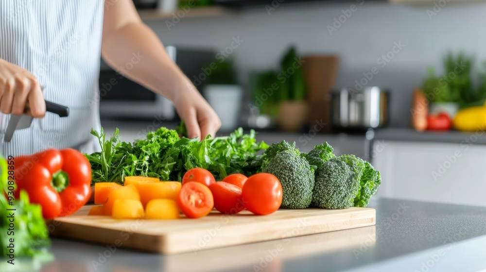 A woman is cutting vegetables on a wooden cutting board A woman is cutting vegetables on a wooden cutting board