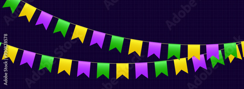 Bunting flags, carnival party flags, Mardi Gras festive pennants hanging on a rope. Festival vector decoration.