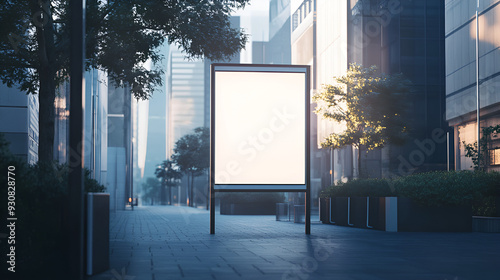 Vertical blank white billboard at bus stop on city street Blank city format banner pylon on the sidewalk mockup Blank Billboard on City Street at Night. Outdoor advertising, Generative AI photo