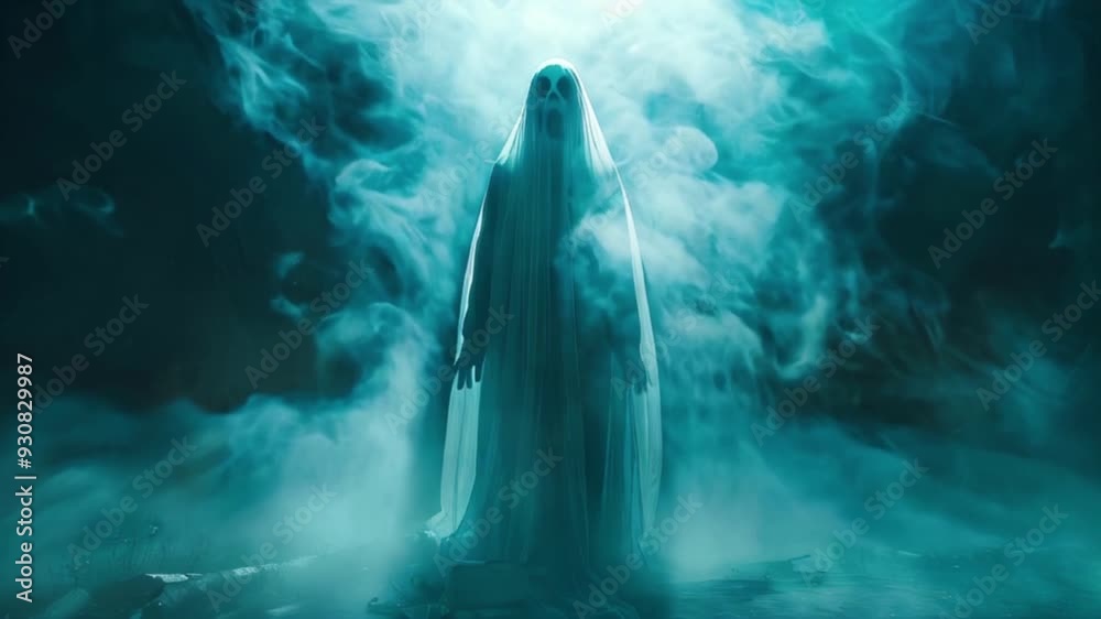 a ghostly figure shrouded in mist, standing ominously with a flowing, translucent cloak a ghostly figure shrouded in mist, standing ominously with a flowing, translucent cloak
