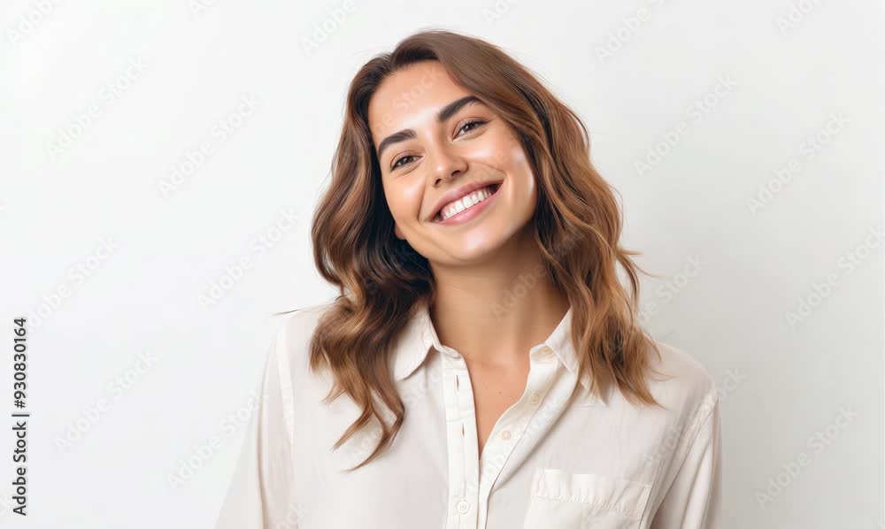 Portrait of a beautiful young woman smiling and looking at camera over white background Portrait of a beautiful young woman smiling and looking at camera over white background