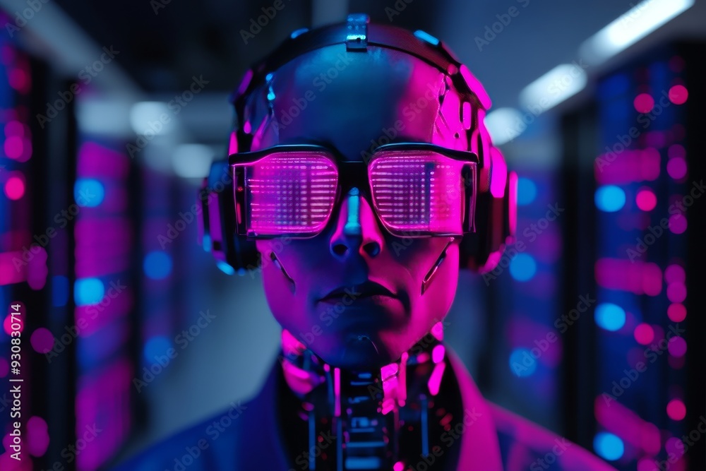 Cybersecurity expert with neon lit glasses standing in a server room symbolizing the critical role of human oversight in a highly automated digital world Cybersecurity expert with neon lit glasses standing in a server room symbolizing the critical role of human oversight in a highly automated digital world