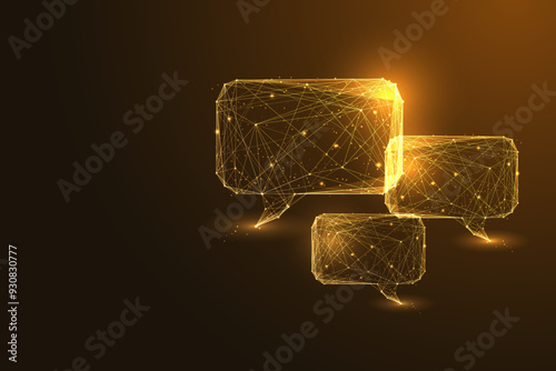 Abstract gold speech bubbles on a dark brown background. Modern communication and elegant dialogue.