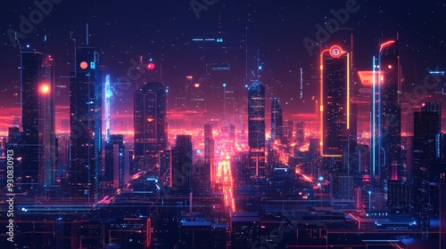 Wallpaper Mural A futuristic city skyline with glowing skyscrapers and neon lights, illuminated by a digital sunset. Torontodigital.ca
