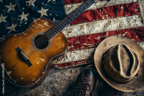At a vibrant country music festival, an acoustic guitar rests beside iconic cowboy boots, embodying the spirit of Americana under the warm festival lights