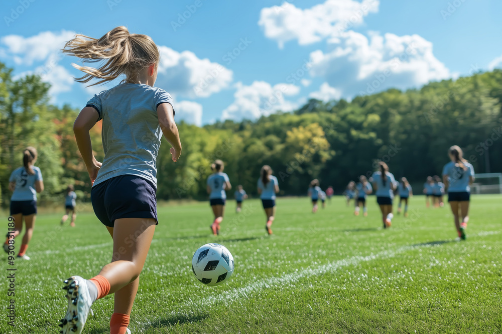 Obraz premium Girls practicing soccer drills on a sunny field surrounded by trees during afternoon training