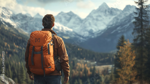 Hiker's Journey: Back View of Man with Backpack Against Stunning Mountain Landscape"