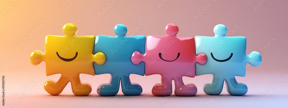 Naklejka premium 3D Cartoon Jigsaw Puzzle Teamwork Connection Concept