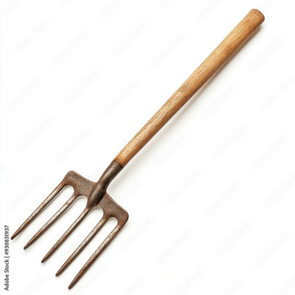 Rusty Garden Fork with Wooden Handle Isolated on White Background Rusty Garden Fork with Wooden Handle Isolated on White Background