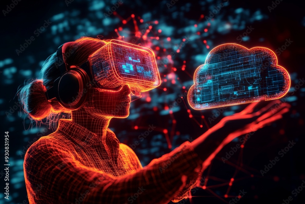 Person using augmented reality to interact with a digital cloud symbolizing the immersive experience and innovation of cloud computing in a futuristic digital landscape Person using augmented reality to interact with a digital cloud symbolizing the immersive experience and innovation of cloud computing in a futuristic digital landscape
