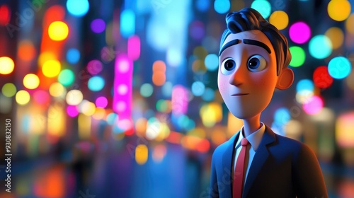 3D cartoon image of a businessman with a vibrant city street scene and colorful bokeh lights photo