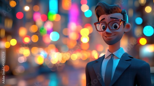 3D cartoon image of a businessman with a vibrant city street scene and colorful bokeh lights photo