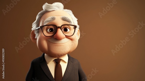 3D cartoon image of a chubby elderly businessman with glasses set against a warm brown backdrop