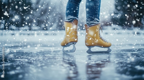 Close-Up of Ice Skates on a Frozen Pond with Snow Falling on a Winter Day