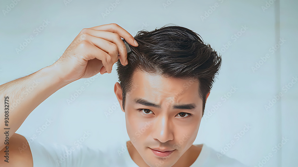 Confident Asian Man Brushing Hair in Washroom: High-Resolution Commercial Photo