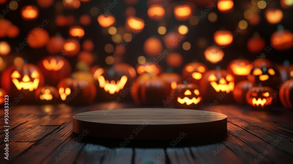 Halloween celebration with glowing jack-o'-lanterns on a rustic wooden floor, showcasing a vibrant festive atmosphere. Generative AI