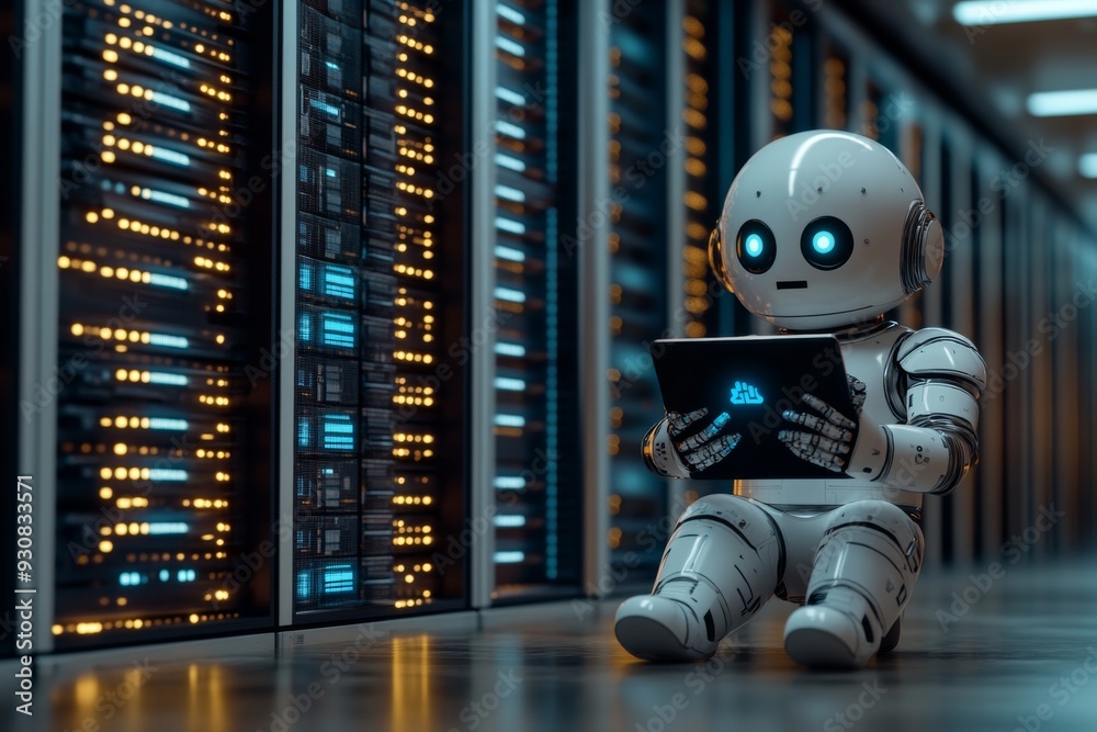 Adorable robot reading a tablet in a server room symbolizing the blend of education technology and robotics in the modern digital age Adorable robot reading a tablet in a server room symbolizing the blend of education technology and robotics in the modern digital age