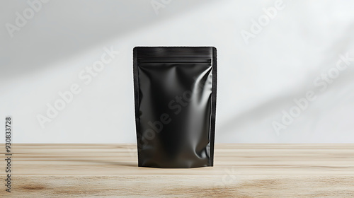 3D Mockup of Black Foil Standing Pouch on Cream Wooden Table