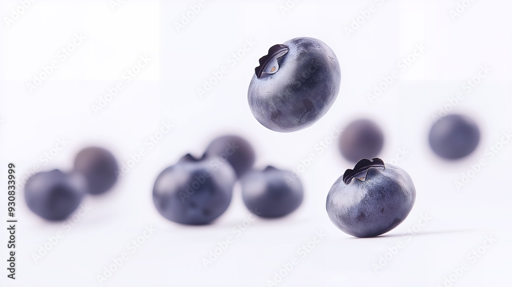 A collection of blueberries floating against a white background. A collection of blueberries floating against a white background.