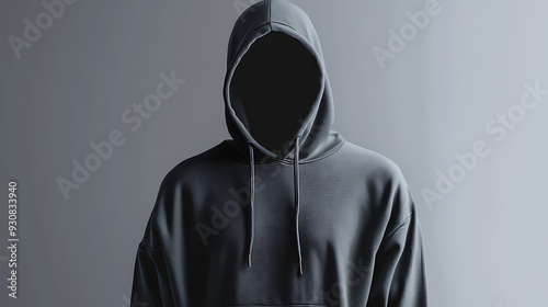 "3D Mockup of Blank Dark Grey Hoodie on Mannequin with Grey Background"