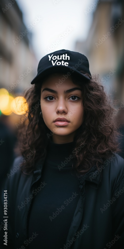 Young woman at youth vote rally, wearing black cap and jacket Young woman at youth vote rally, wearing black cap and jacket