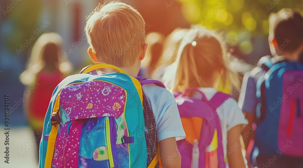 Naklejka premium Back to school concept, happy group of children walking to school. Young girls & boys with backpacks & rucksacks. Inclusive positive education banner