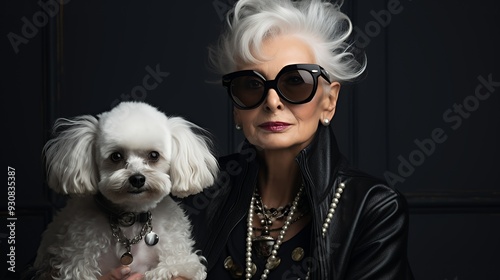 An elegant woman in sunglasses poses with a small white dog, showcasing a stylish lifestyle.