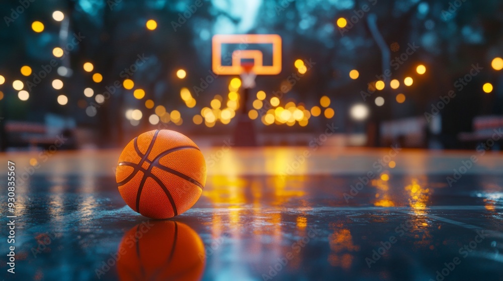 Obraz premium An orange basketball rests on a wet court. The glowing hoop is blurred in the background. This vibrant image captures a moment of anticipation. A perfect shot for sports themes. AI