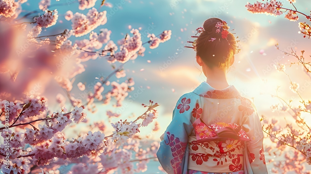 A woman in a kimono stands among cherry blossoms at sunset, embodying cultural beauty. A woman in a kimono stands among cherry blossoms at sunset, embodying cultural beauty.