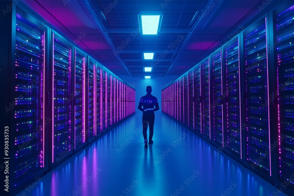Fototapeta premium Person walking through a neon lit server room representing the future of cloud technology and data management with glowing lights and a high tech environment emphasizing security and innovation