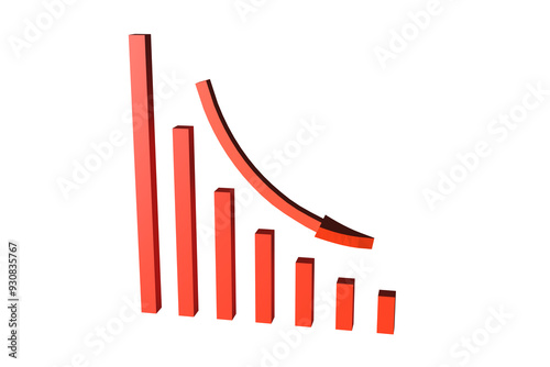 Red Falling Decline Bar Graph with Arrow over Transparent Background. 3d Render with Alpha Channel