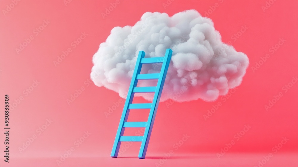 A unique blue ladder leans against a fluffy cloud on a vibrant pink background. This surreal image symbolizes aspirations and dreams. Ideal for creative projects or motivational themes. AI A unique blue ladder leans against a fluffy cloud on a vibrant pink background. This surreal image symbolizes aspirations and dreams. Ideal for creative projects or motivational themes. AI