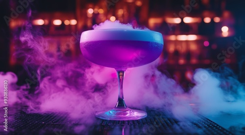 This breathtaking liquid nitrogen cocktail boasts a vibrant purple color, enveloped in fog. Perfect for parties and occasions, it adds a mystical touch to any gathering, making it a musthave photo