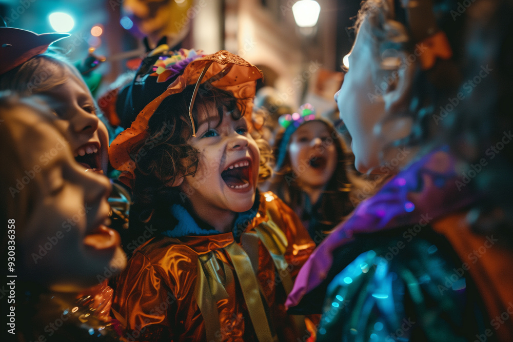 Obraz premium Children in costumes enjoying Halloween night as they laugh and celebrate the fun of trick or treating
