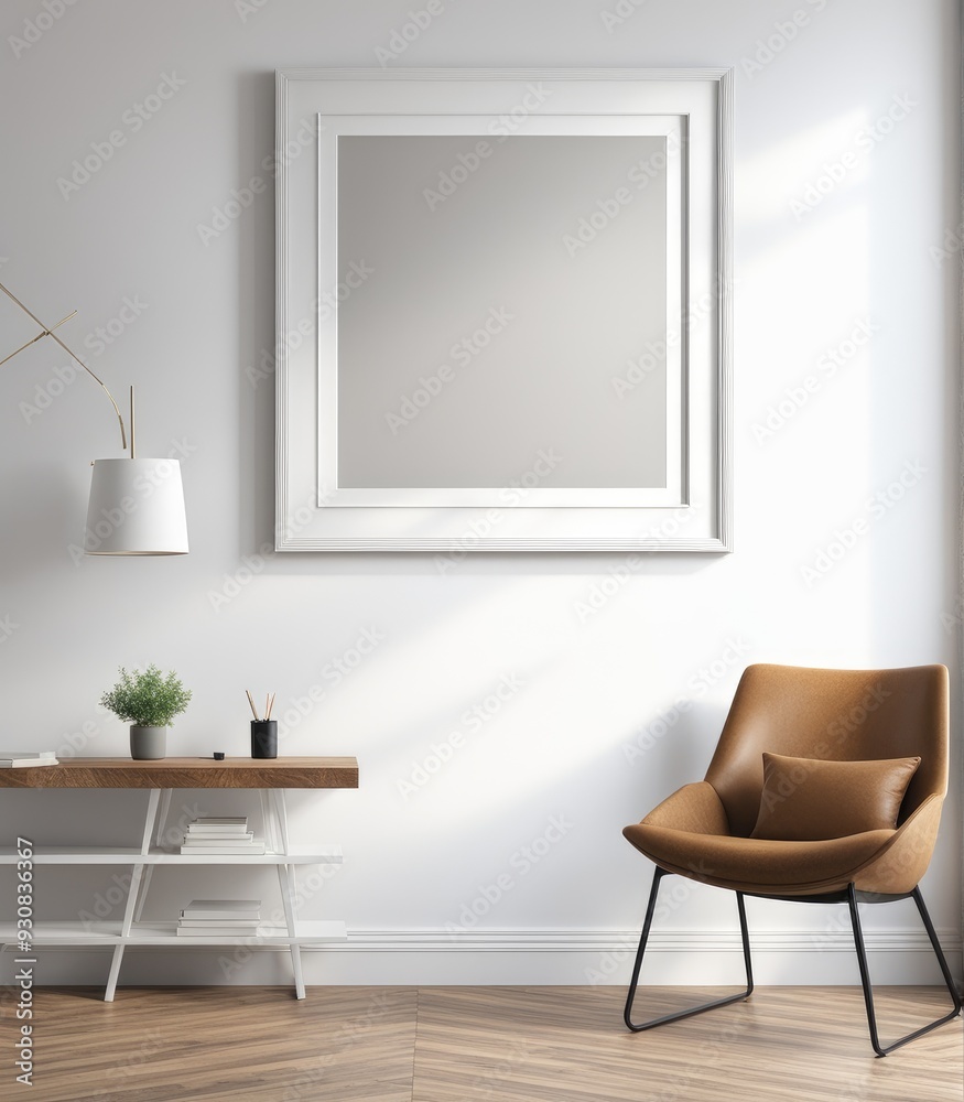 Mockup of a plain white frame in a study interior with rustic decor, 3d rendering Mockup of a plain white frame in a study interior with rustic decor, 3d rendering