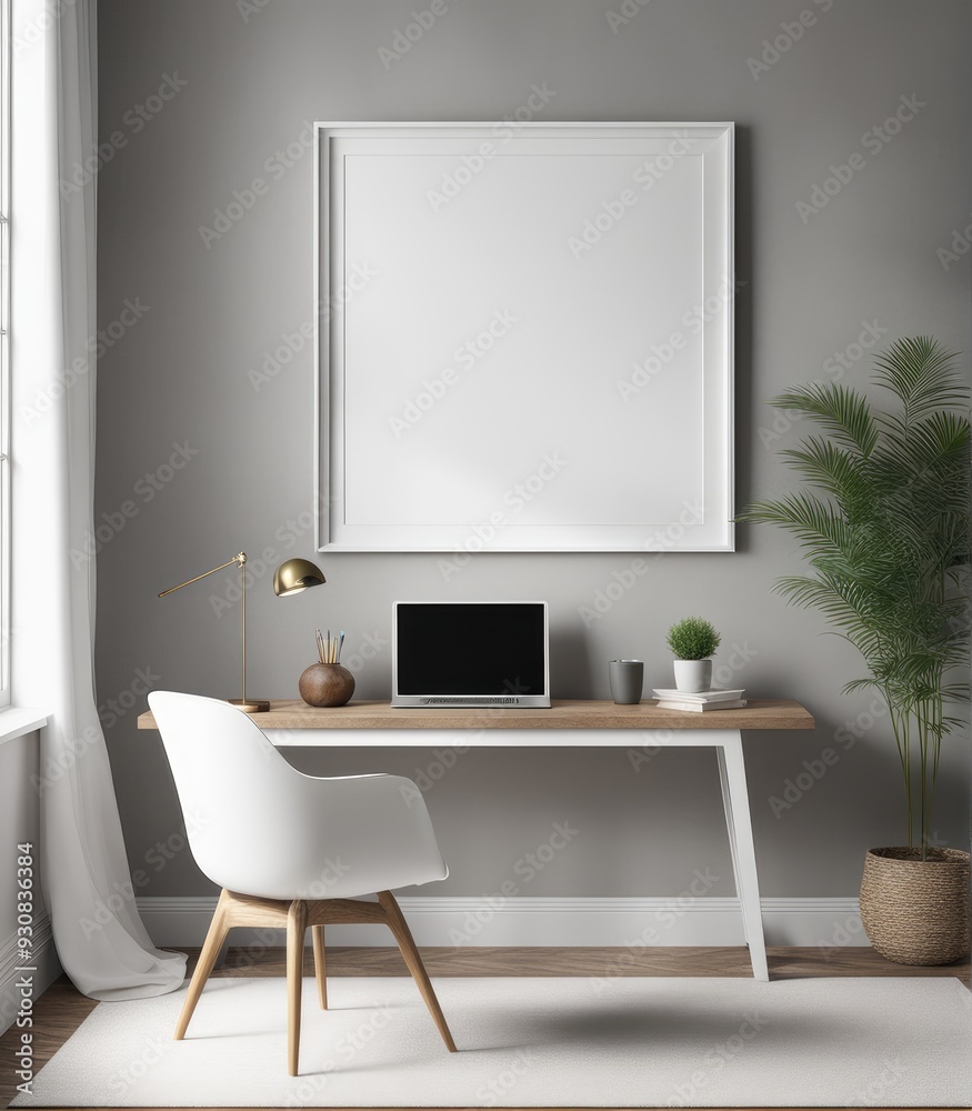 Mockup of a plain white frame in a study interior with rustic decor, 3d rendering Mockup of a plain white frame in a study interior with rustic decor, 3d rendering