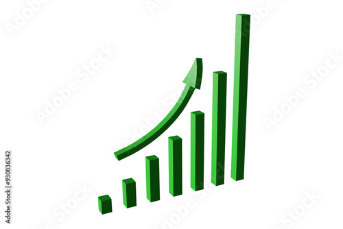 Green Growing Bar Graph with Arrow over Transparent Background. 3d Render with Alpha Channel