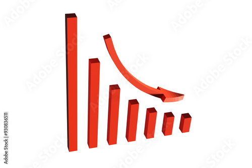 Red Falling Decline Bar Graph with Arrow over Transparent Background. 3d Render with Alpha Channel