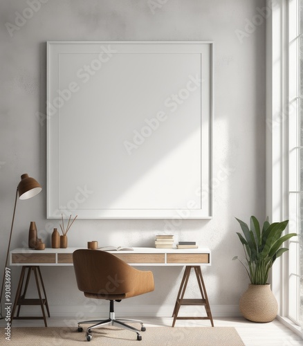 Mockup of a plain white frame in a study interior with rustic decor, 3d rendering