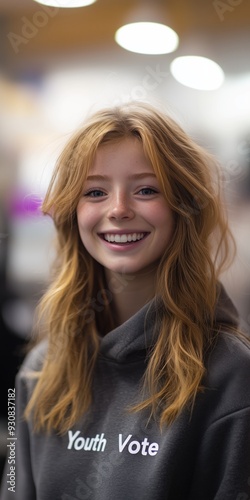 Smiling young woman at youth vote event, wearing gray hoodie, indoor light